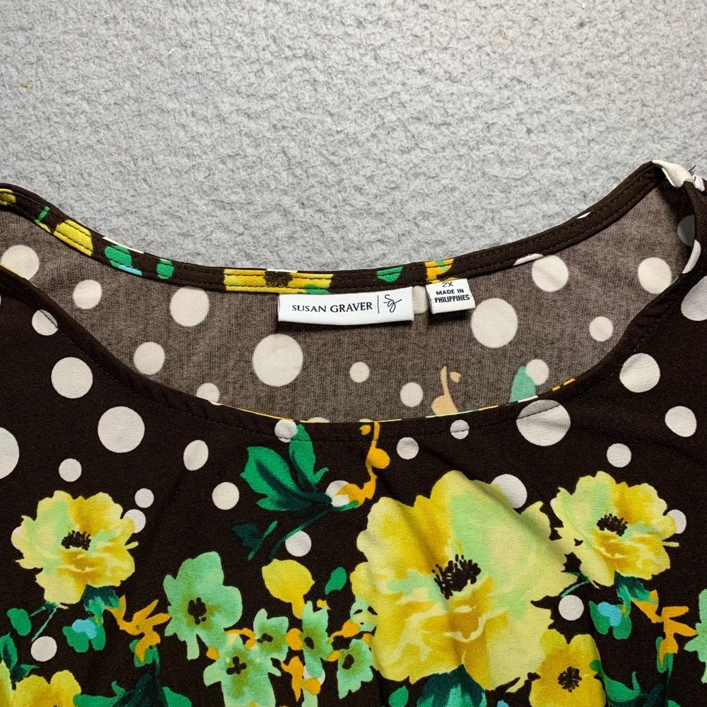 SUSAN GRAVER Blouse Womens 2X Top Floral Art To Wear Brown - Picture 6 of 8